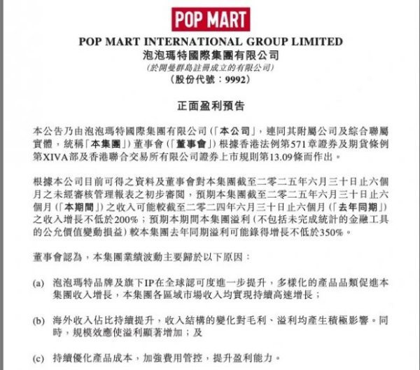 沪深配 泡泡玛特：预计上半年溢利同比录得增长不低于350%